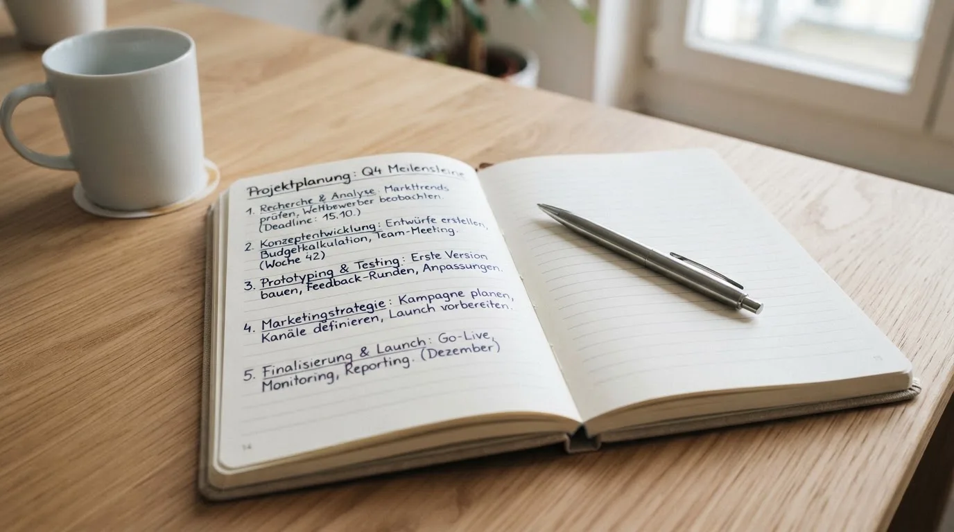 Ein aufgeschlagenes Notizbuch mit handschriftlichen Notizen und ein Kugelschreiber liegen auf einem hellen Schreibtisch neben einer Kaffeetasse.