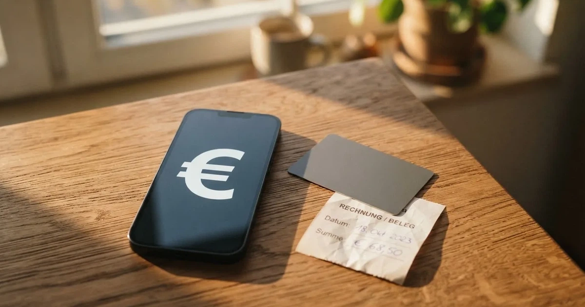 Ein Smartphone liegt mit dem Display nach unten auf einem Holztisch, daneben ein paar Euro-Münzen und eine unbeschriftete Plastikkarte im Morgenlicht.
