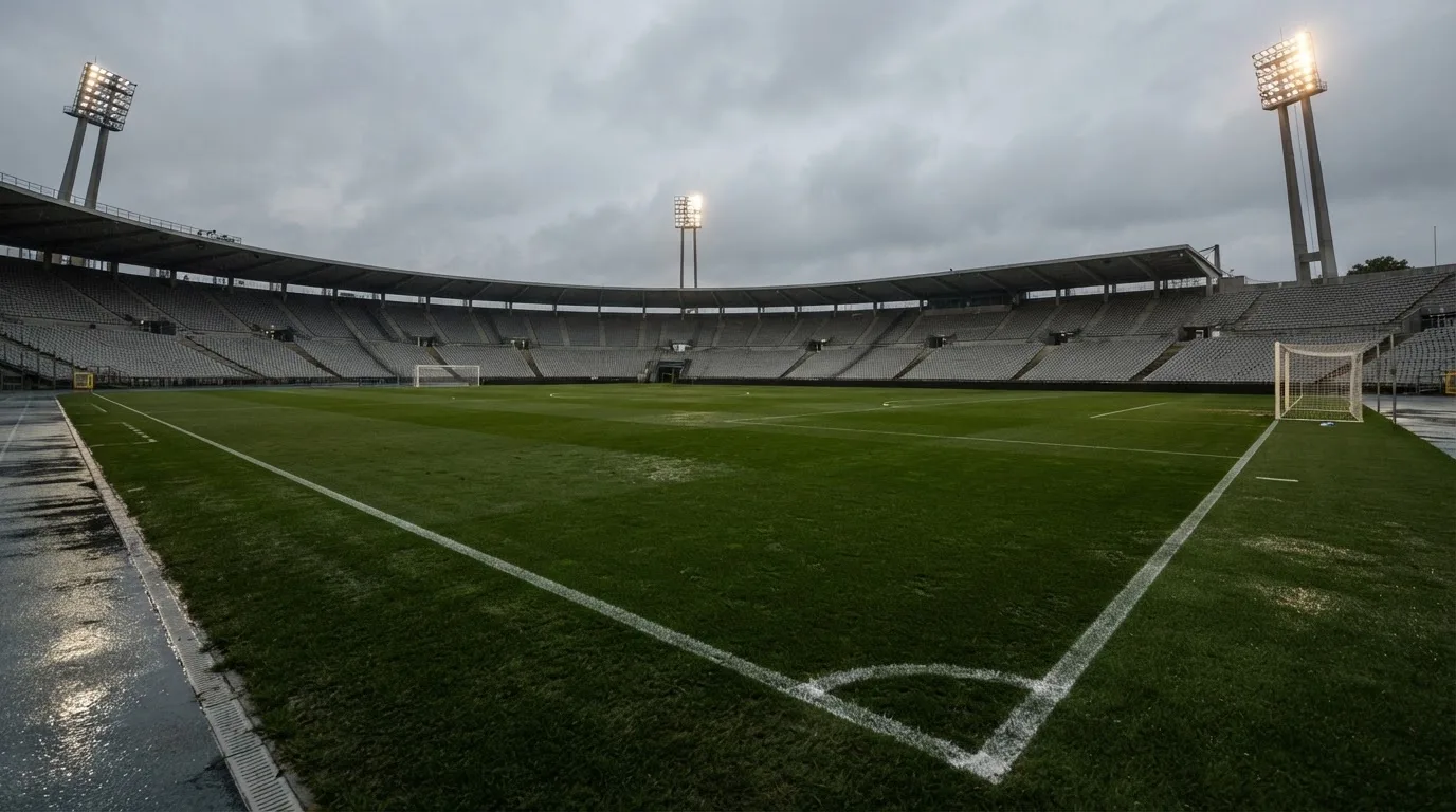 Ein Fußballplatz mit Flutlichtmasten in der Abenddämmerung, aus der Ferne gesehen, leere Tribünen und nasser Rasen unter bewölktem Himmel.