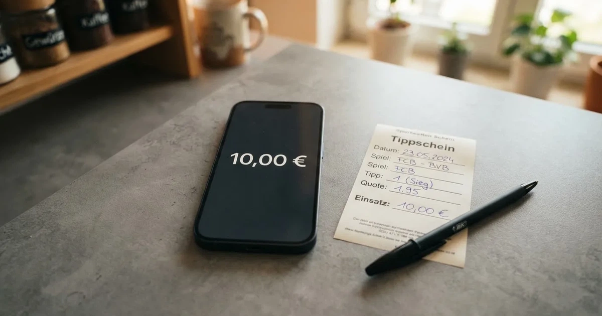 Eine Hand legt ein paar Münzen neben ein umgedrehtes Smartphone auf eine graue Tischplatte, dahinter verschwommen ein Küchenregal.