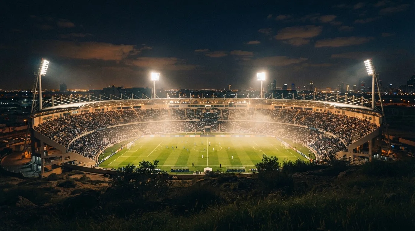 Ein Stadion unter Flutlicht bei Nacht, von einem Hügel aus der Ferne betrachtet, mit Dunst über dem Spielfeld.