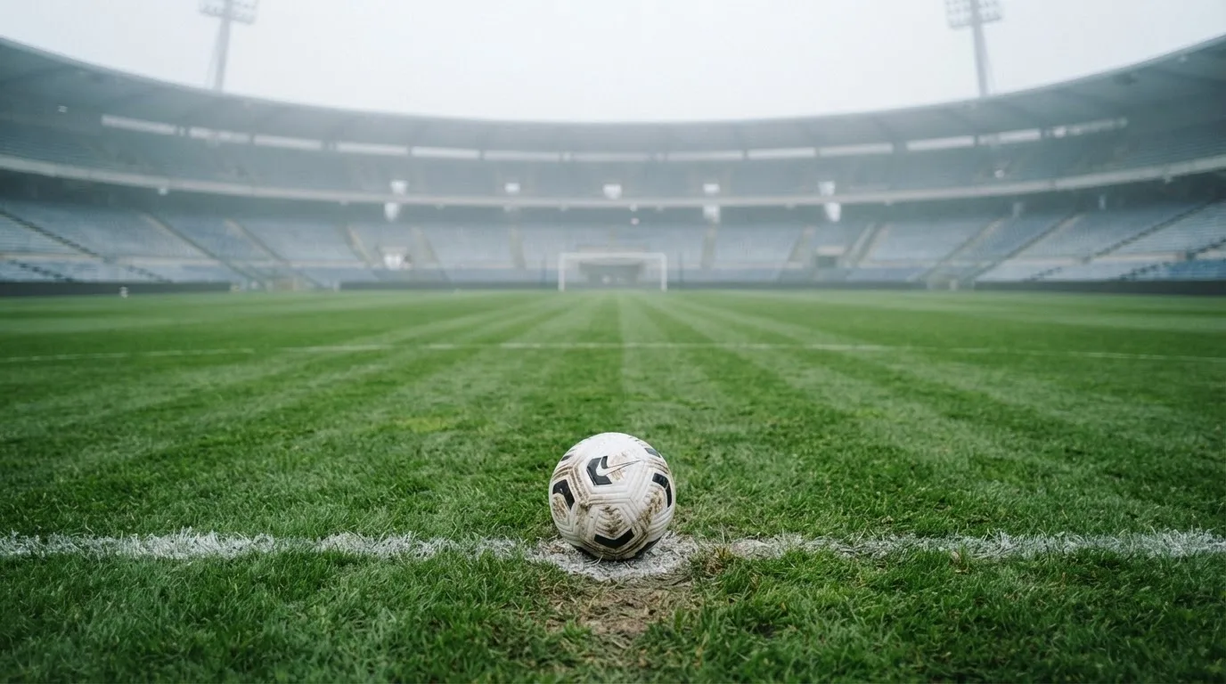 Ein Fußball liegt auf dem Elfmeterpunkt eines leeren Rasenplatzes, im Hintergrund eine Tribüne im Dunst.