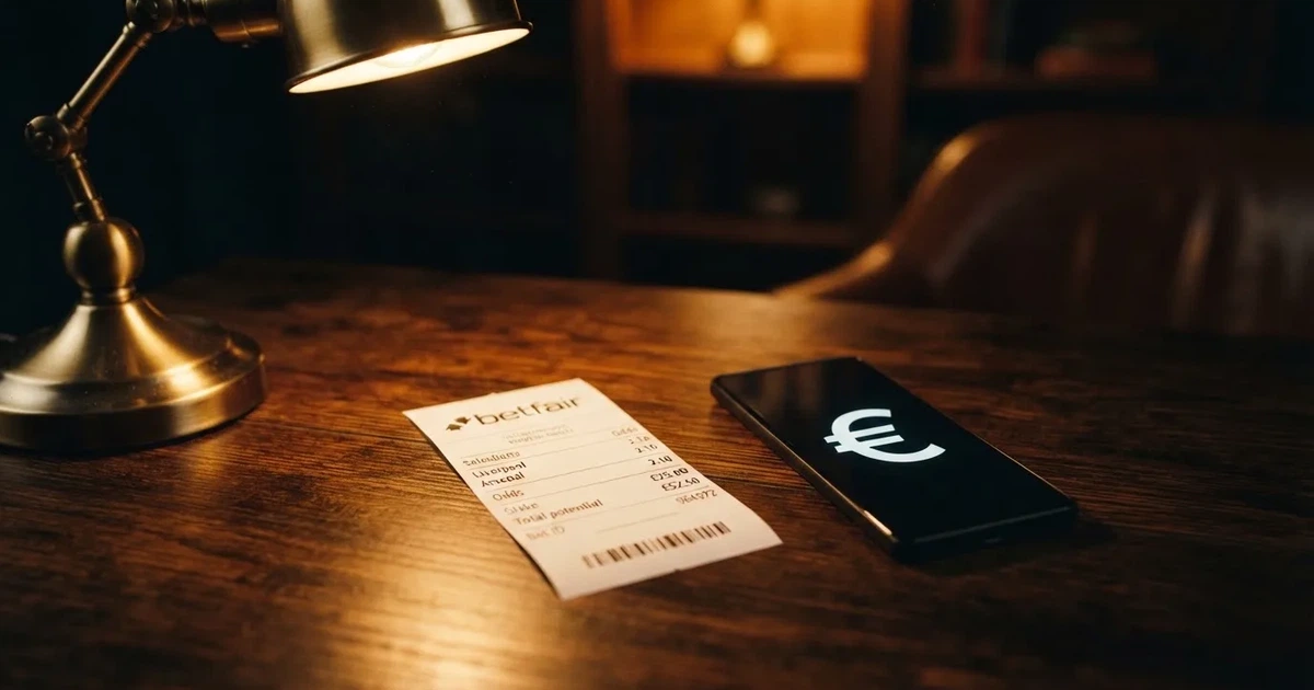 Ein leerer Wettschein aus Papier liegt neben einem Stapel Euro-Münzen auf einem dunklen Holztisch, seitlich von einer Schreibtischlampe beleuchtet.