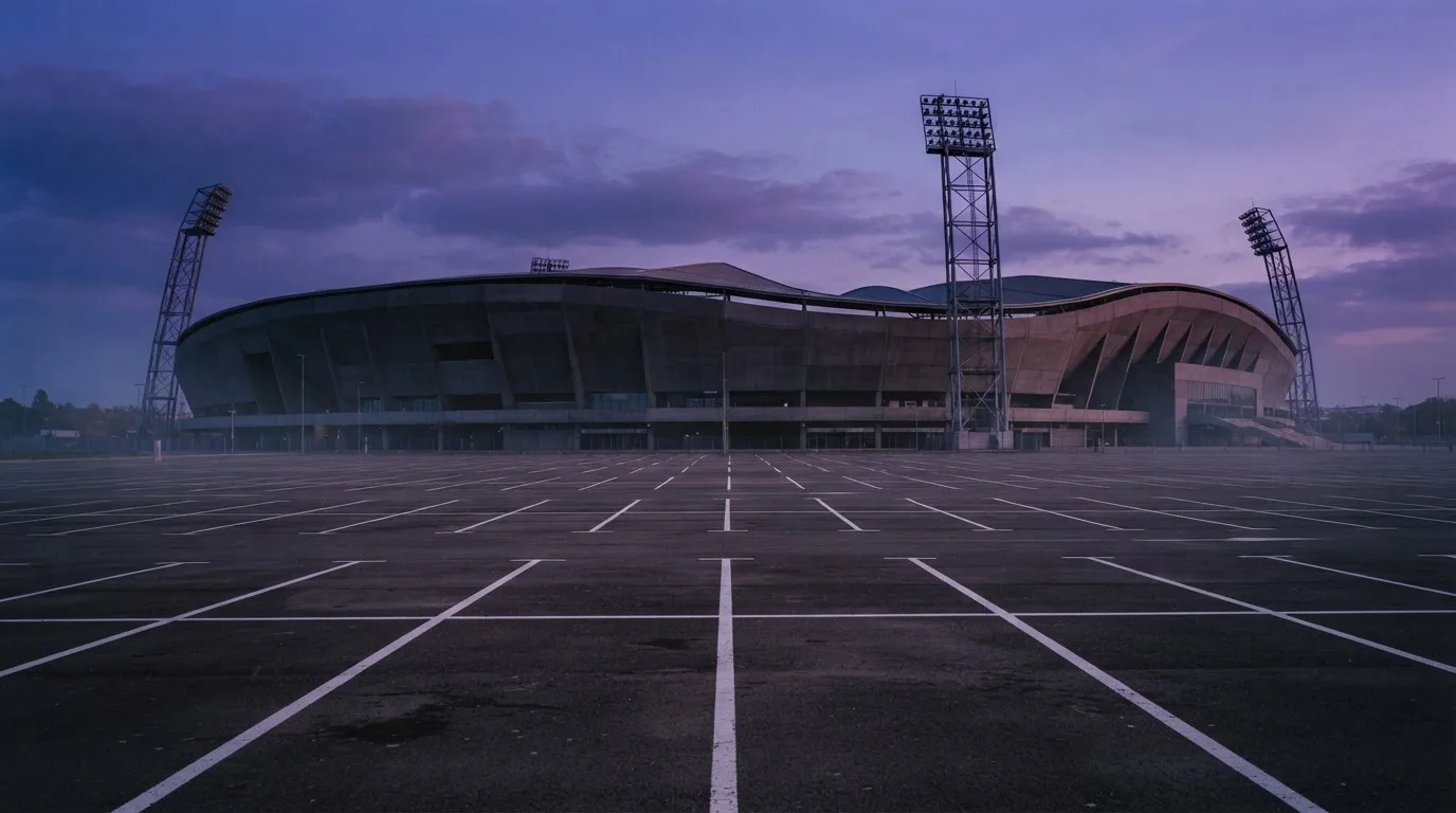 Ein Fußballstadion von außen in der Dämmerung, hohe Flutlichtmasten vor einem violetten Himmel, davor ein leerer Parkplatz.
