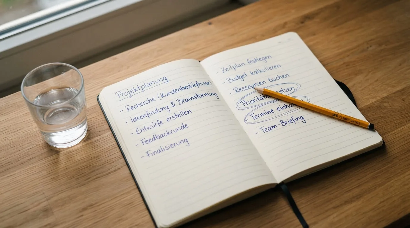Ein aufgeschlagenes Heft mit handschriftlichen Notizen und ein Bleistift liegen auf einem Schreibtisch, daneben ein Glas Wasser.
