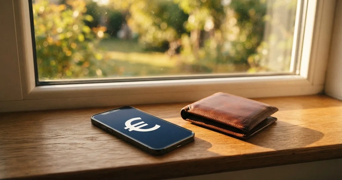 Eine Geldbörse aus Leder liegt geöffnet neben einem Smartphone auf einer Fensterbank, im Hintergrund ein Garten im Gegenlicht.