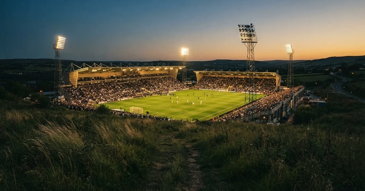 Ein Fußballstadion unter Flutlicht mit hellen Rängen, von einem Hügel aus gesehen, darüber ein dunkelblauer Abendhimmel.