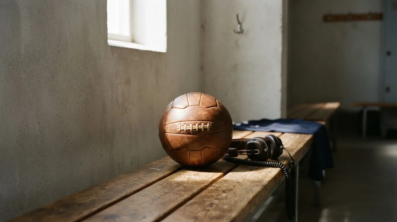 Ein Fußball liegt neben Kopfhörern auf einer Holzbank in einer Umkleide, Licht fällt durch ein schmales Fenster.