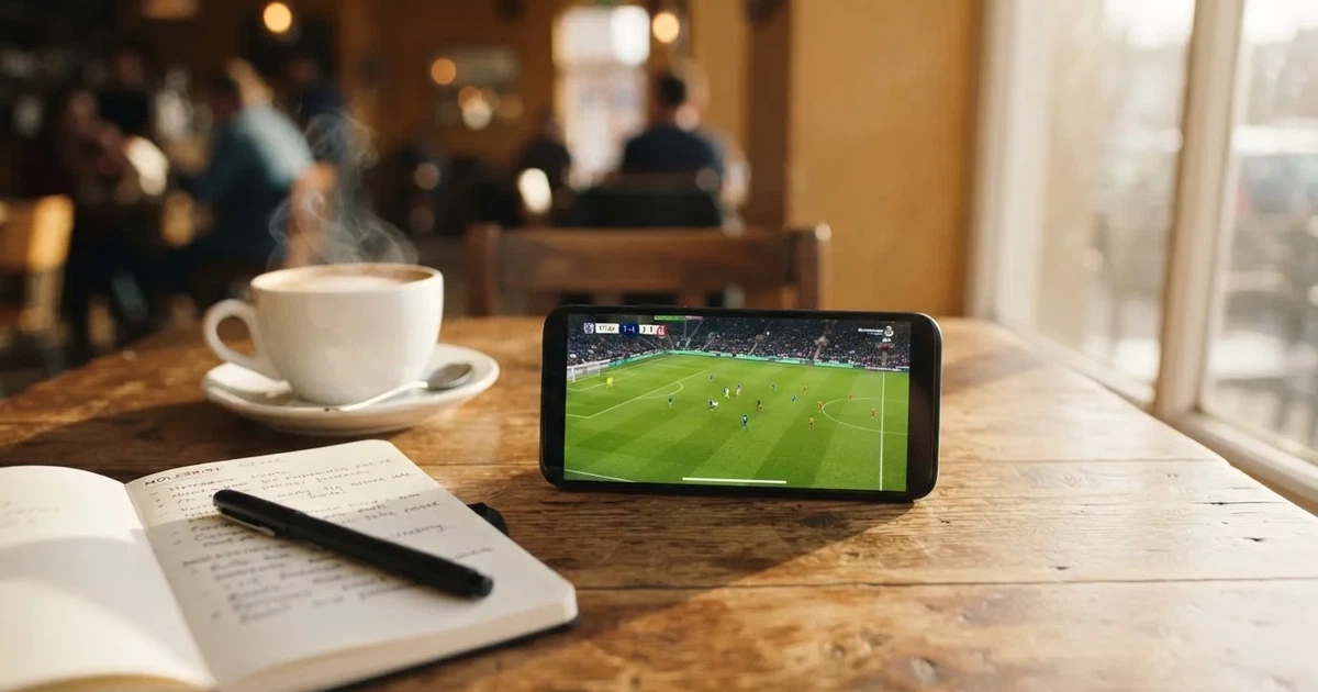Ein Smartphone mit dunklem Bildschirm liegt auf einem Tisch in einem Café, daneben eine Tasse und ein Notizbuch.