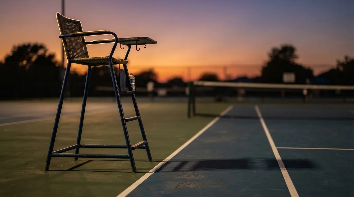 Ein leerer Schiedsrichterstuhl am Spielfeldrand eines Tennisplatzes im Abendlicht, lange Schatten auf dem Belag.