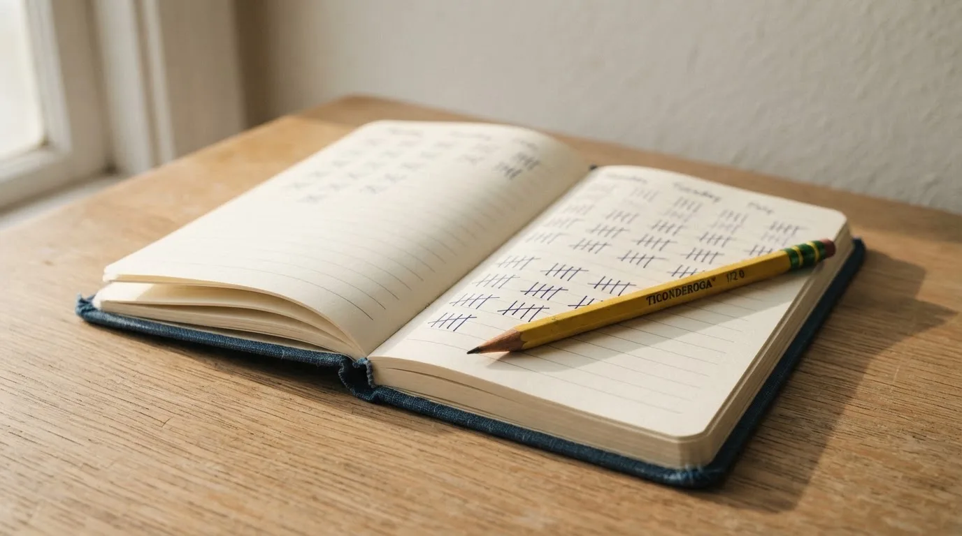 Ein handschriftlich geführtes Heft mit Strichlisten liegt neben einem Bleistift auf einem Tisch, seitlich fällt Tageslicht herein.