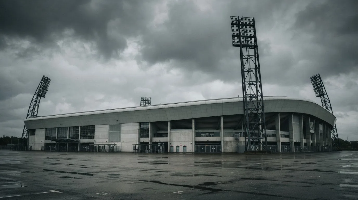 Ein leeres Stadion von außen, hohe Flutlichtmasten vor einem grauen Himmel mit Regenwolken.