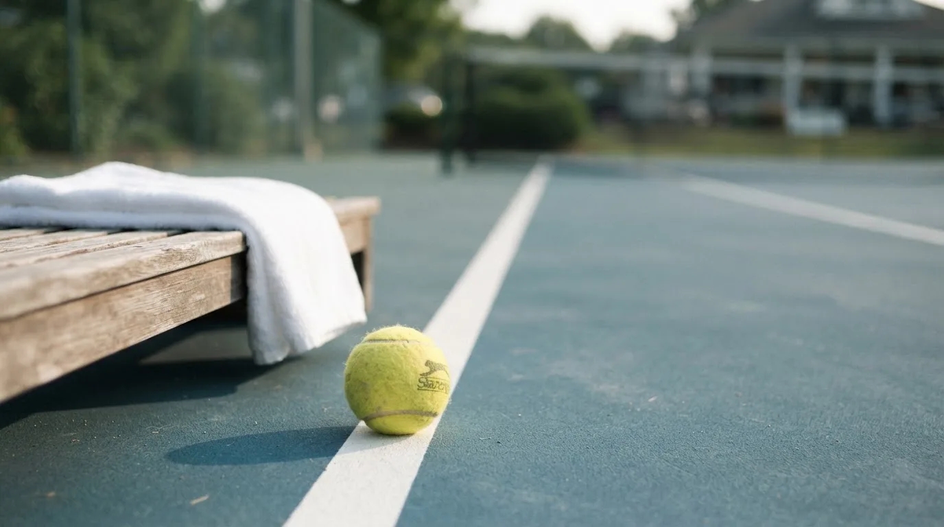 Ein gelber Tennisball liegt auf einer weißen Linie, daneben ein Handtuch auf einer Bank am Spielfeldrand.
