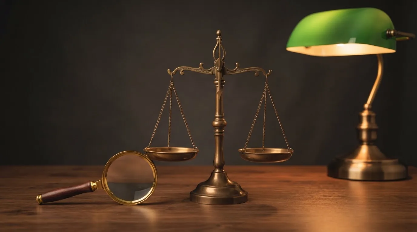 Eine Waage aus Messing steht neben einer Lupe auf einem polierten Schreibtisch im Licht einer Lampe.