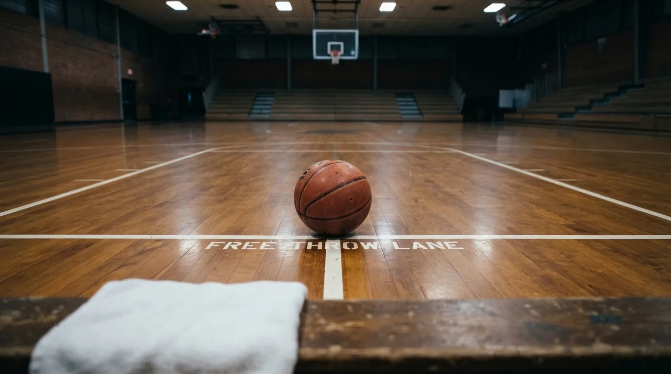 Ein Basketball liegt auf der Freiwurflinie einer Halle, im Vordergrund ein Handtuch auf einer Bank.