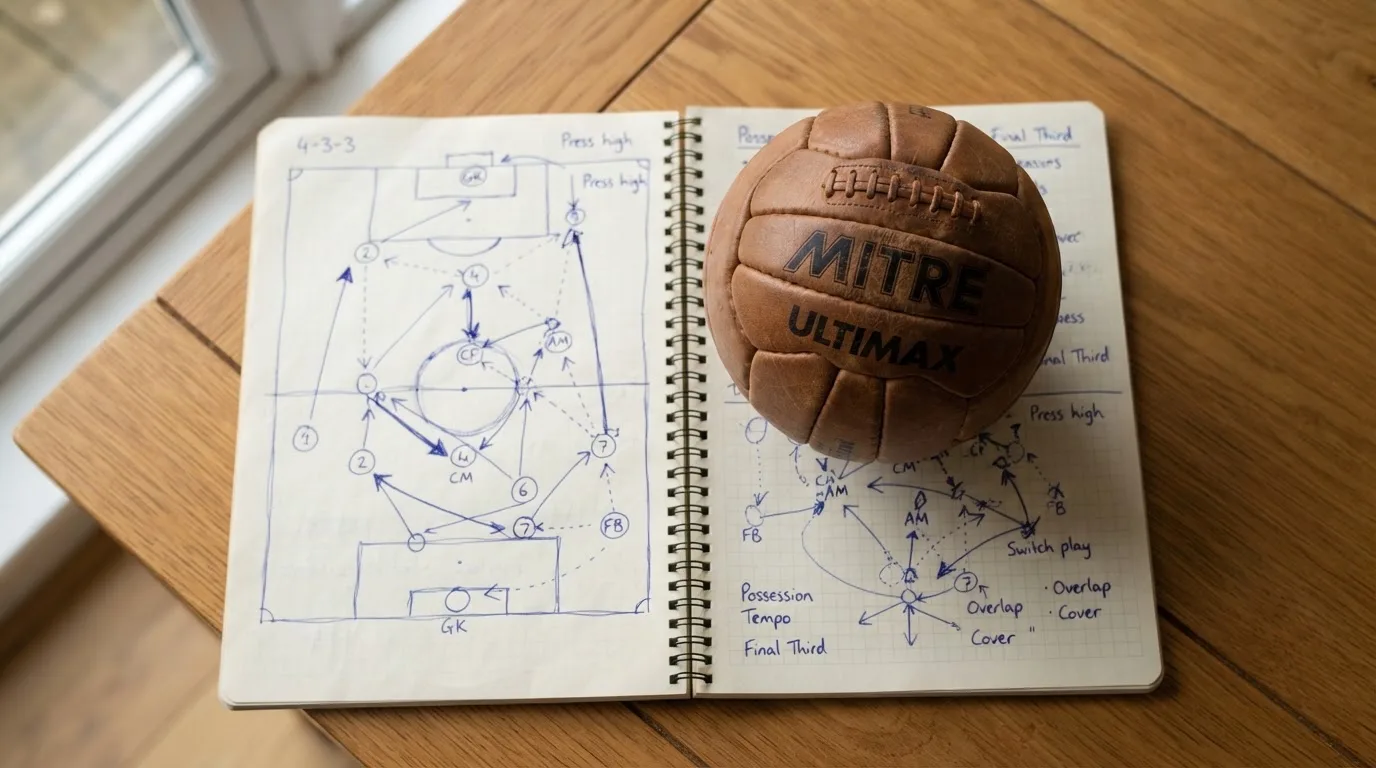 Ein Fußball liegt auf einem Notizbuch mit handgezeichneten Skizzen von Spielzügen, aufgenommen von oben auf einem Holztisch.