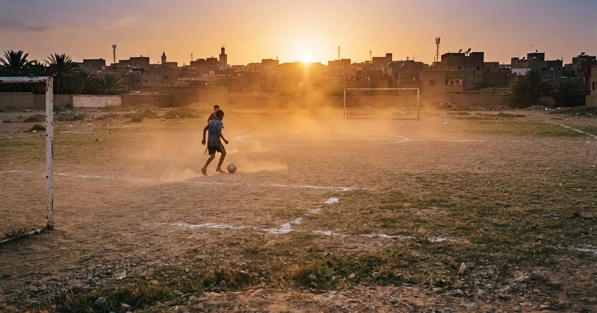 Ein sandiger Fußballplatz am Rand einer Stadt in warmem Abendlicht, Staub in der Luft und zwei Tore in der Ferne.