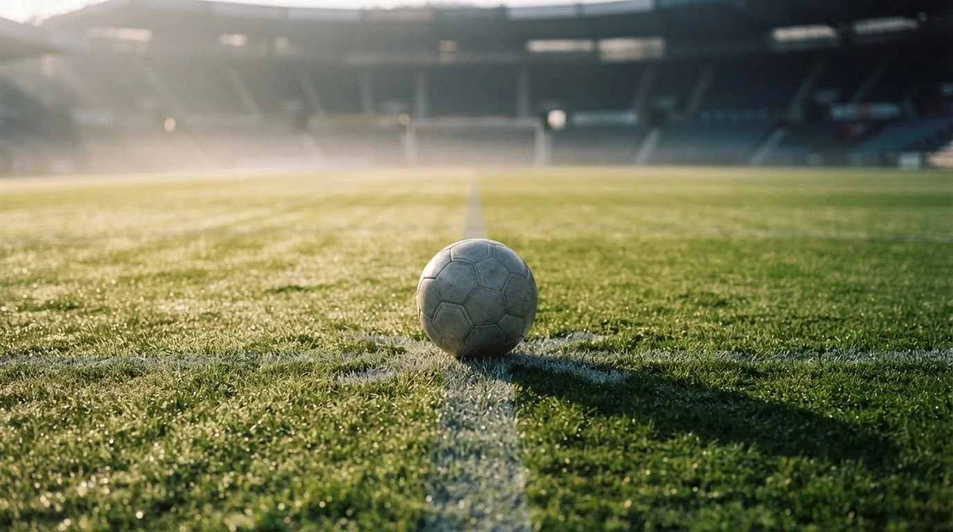 Ein Fußball liegt auf dem Anstoßpunkt eines Rasens bei Sonnenaufgang, Tau glitzert auf den Halmen.
