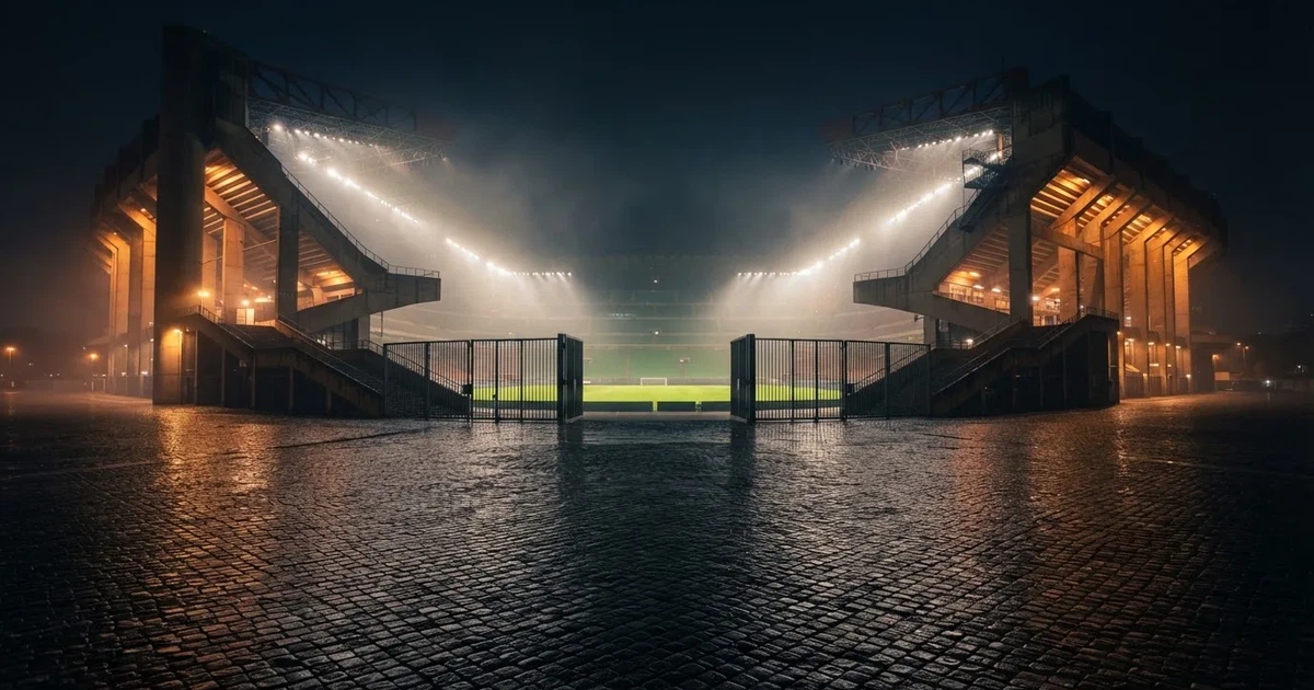 Ein großes Fußballstadion bei Flutlicht von außen, davor ein leerer Vorplatz mit nassem Pflaster und Dunst.