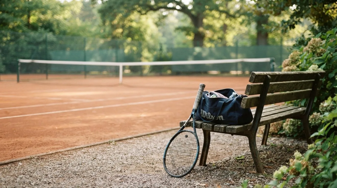 Ein Tennisschläger lehnt an einer Bank neben einer Sporttasche, im Hintergrund ein leerer Platz.