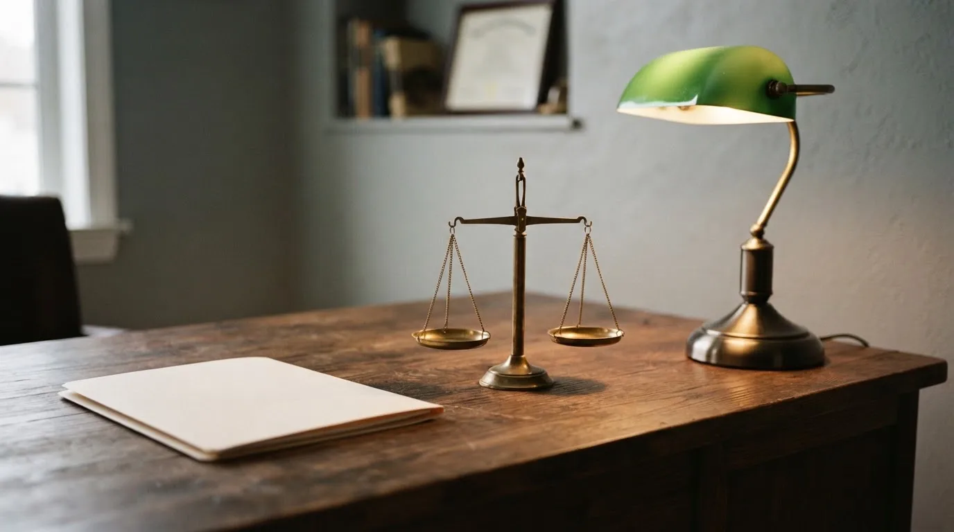 Eine Waage aus Messing und ein geschlossener Ordner ohne Beschriftung stehen neben einer Tischlampe auf einem Schreibtisch.