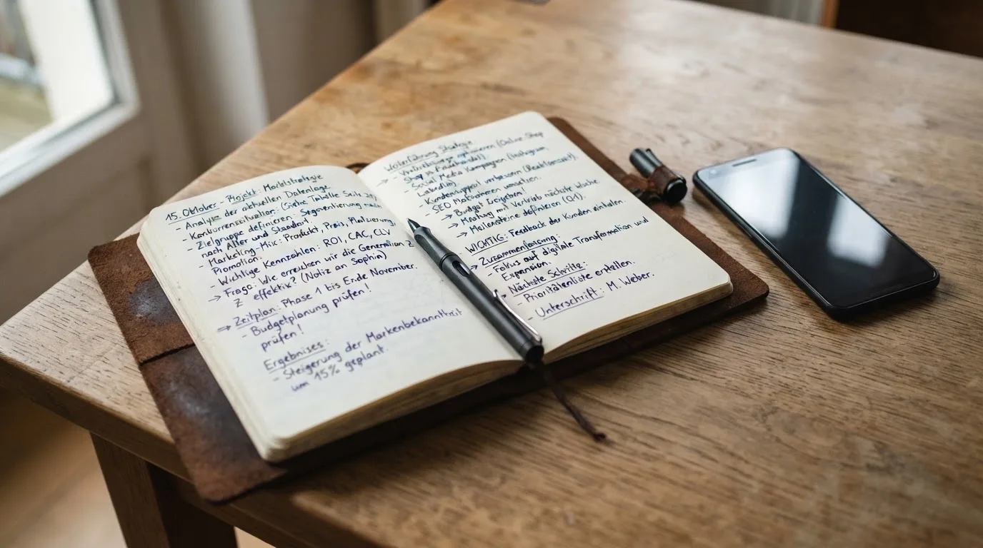 Ein Notizbuch mit handschriftlichen Notizen und ein Kugelschreiber liegen neben einem Smartphone mit dunklem Display auf einem Holztisch.