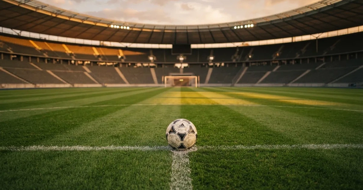 Ein Fußball liegt auf dem Anstoßpunkt eines leeren Rasenplatzes, im Hintergrund eine große Stadiontribüne im Abendlicht.