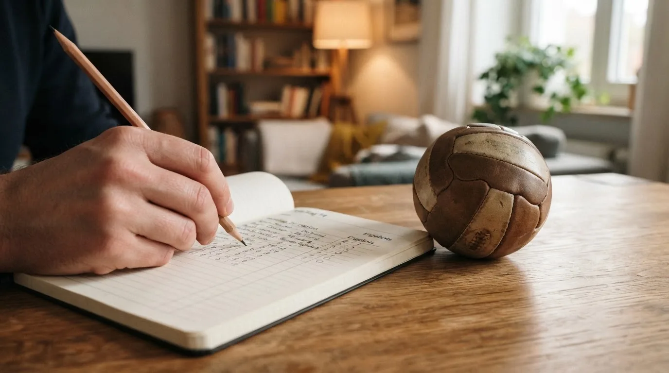 Eine Hand notiert mit Bleistift Zahlen in ein kariertes Heft, daneben liegt ein kleiner Lederfußball auf einer Holzplatte.