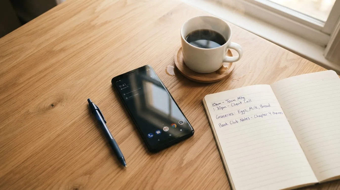Ein Smartphone mit dunklem Display liegt neben einer Kaffeetasse und einem Notizblock auf einem hellen Tisch.