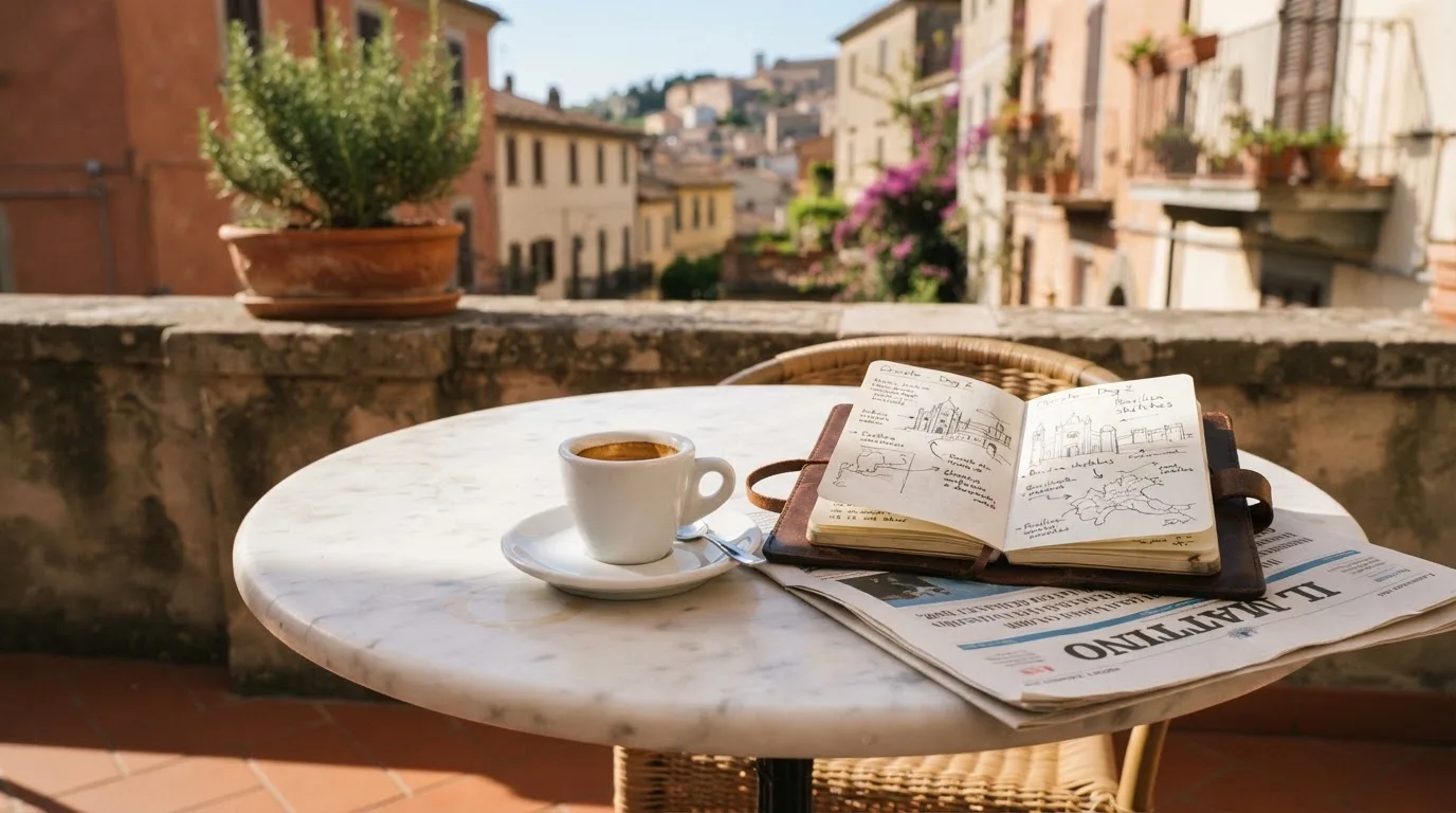 Eine Espressotasse steht auf einem kleinen Marmortisch einer Terrasse, daneben ein Notizheft mit handschriftlichen Skizzen.