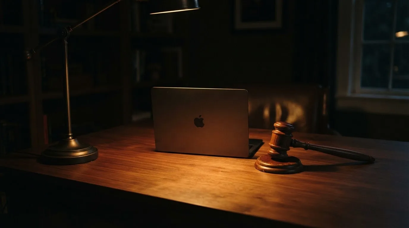 Ein Schreibtisch mit Stehlampe, einem geschlossenen Laptop und einem hölzernen Richterhammer im Halbdunkel.