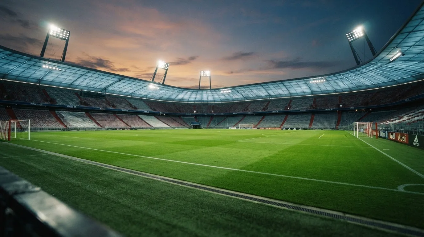 Eine leere Stadiontribüne unter Flutlicht aus der Ferne betrachtet, die Rasenfläche leuchtet grün in der Dämmerung.