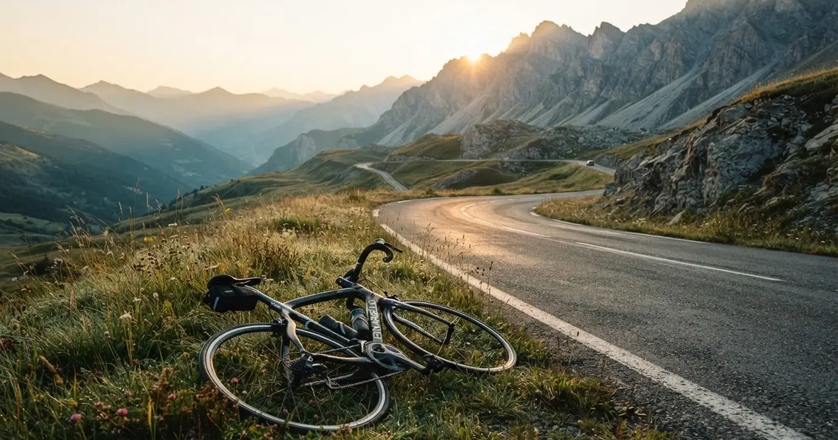Eine leere Landstraße schlängelt sich im Morgenlicht durch einen Gebirgspass, am Straßenrand liegt ein einzelnes Rennrad im Gras.