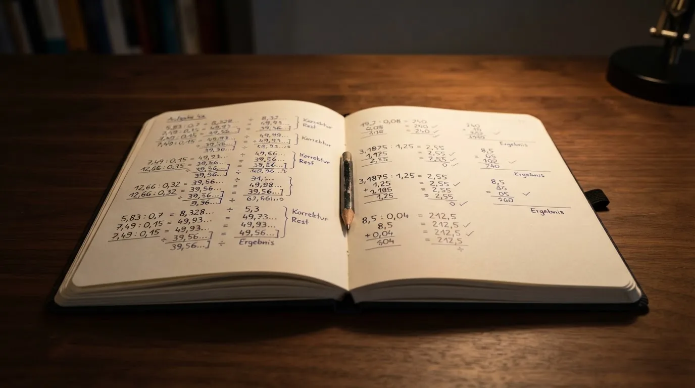 Ein Notizbuch mit handschriftlichen Rechnungen und ein Taschenrechner liegen auf einem aufgeräumten Schreibtisch in warmem Licht.
