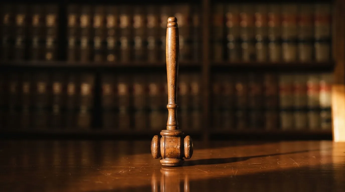 Ein Richterhammer aus Holz steht auf einer dunklen Schreibtischplatte, im Hintergrund ein unscharfes Bücherregal.