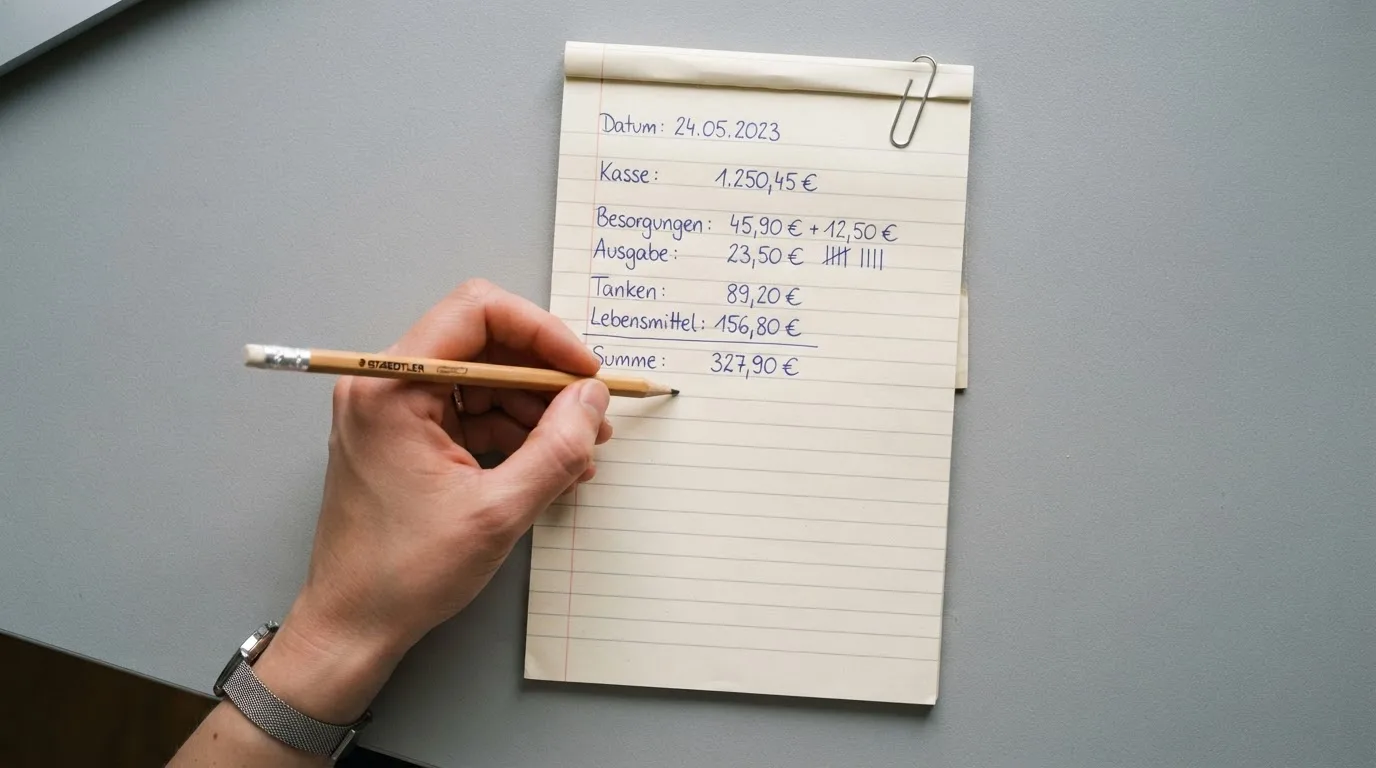 Ein Taschenrechner, ein Bleistift und ein Block mit handschriftlichen Zahlenreihen liegen auf einer grauen Arbeitsfläche.
