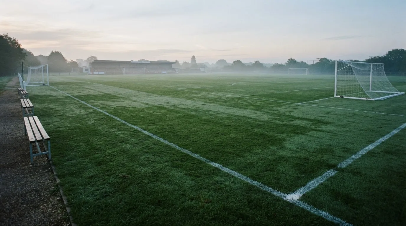 Ein Fußballplatz mit frisch gezogenen Kreidelinien im ersten Morgenlicht, leere Ersatzbänke am Spielfeldrand.