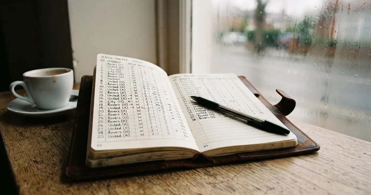 Ein aufgeklapptes Notizbuch mit handschriftlichen Pfeilen und Kreuzen liegt neben einem Kugelschreiber und einem Becher Kaffee auf einem Tisch am Fenster.