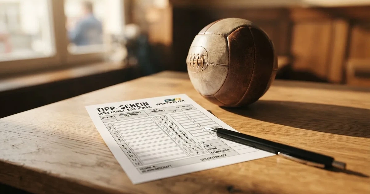 Ein leerer Papier-Wettschein und ein Kugelschreiber liegen neben einem kleinen Fußball auf einem Holztisch, weiches Fensterlicht.