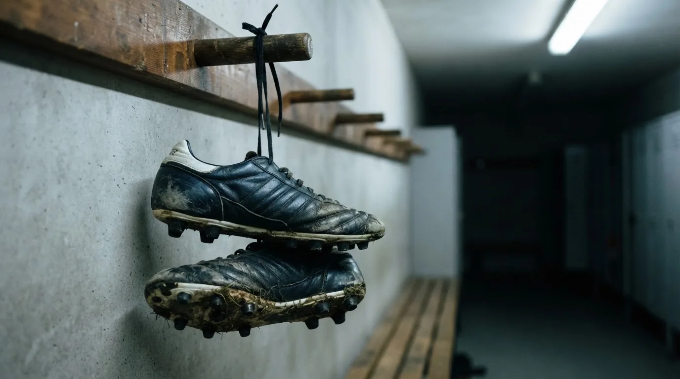 Ein Paar Fußballschuhe hängt an den Schnürsenkeln an einem Holzhaken in einer leeren Umkleidekabine.
