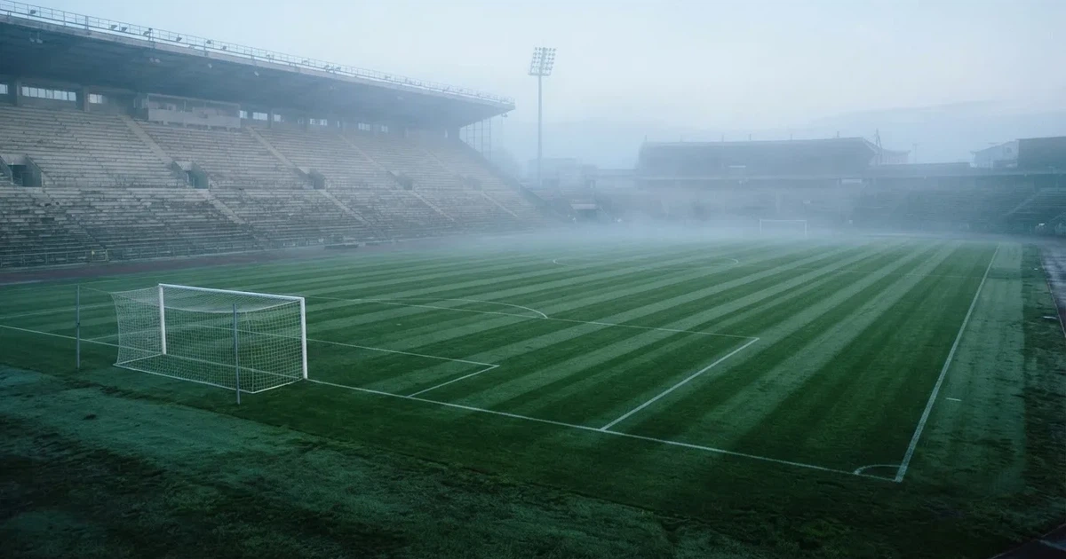 Ein Fußballplatz mit gepflegtem Rasen und einem Tor, über dem Spielfeld liegt Morgennebel, im Hintergrund eine leere Tribüne.