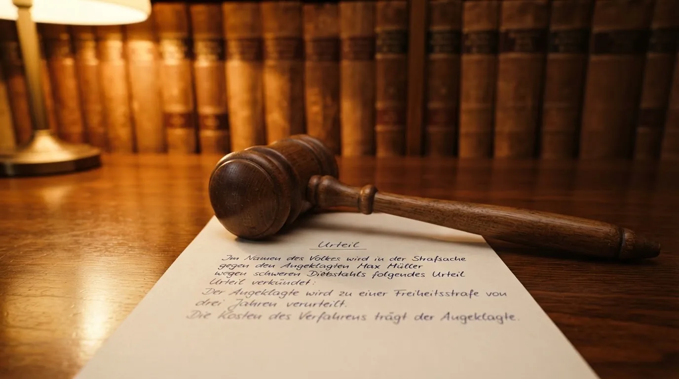 Ein hölzerner Richterhammer liegt auf einem Schreibtisch vor einem unscharfen Bücherregal.