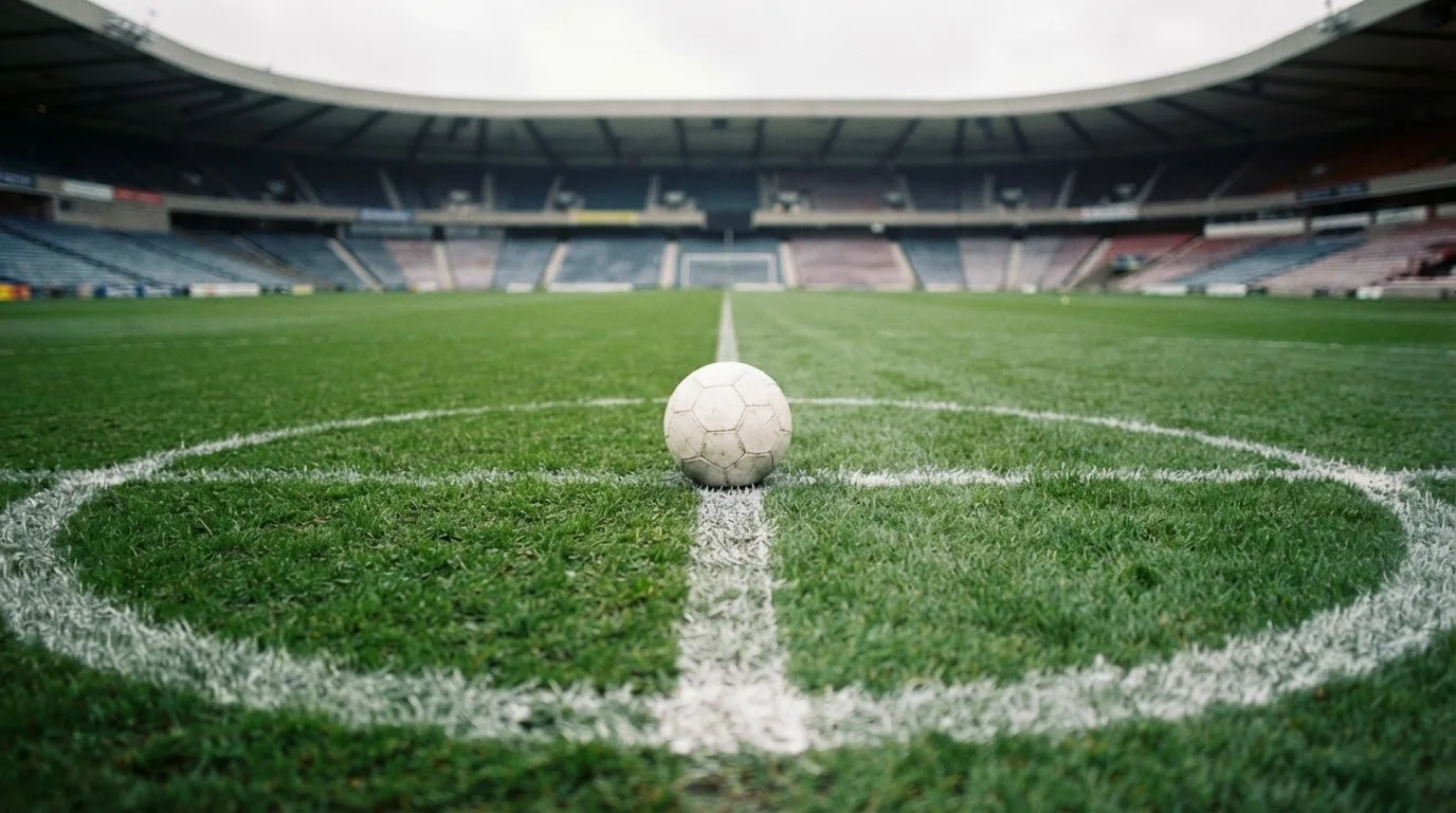 Ein Fußball liegt auf dem Rasen im Mittelkreis, die Kreidelinien führen scharf ins Bild, dahinter verschwimmt eine Tribüne.