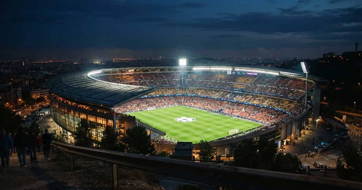 Ein großes Stadion bei Nacht, aus der Ferne unter Flutlicht gesehen, die Ränge hell erleuchtet, der Rasen leuchtend grün.