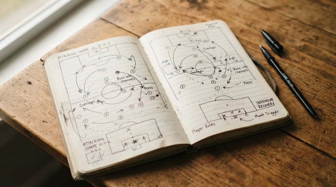 Ein aufgeschlagenes Notizbuch mit handschriftlichen Skizzen von Spielzügen liegt neben einem Kugelschreiber auf einem Holztisch.