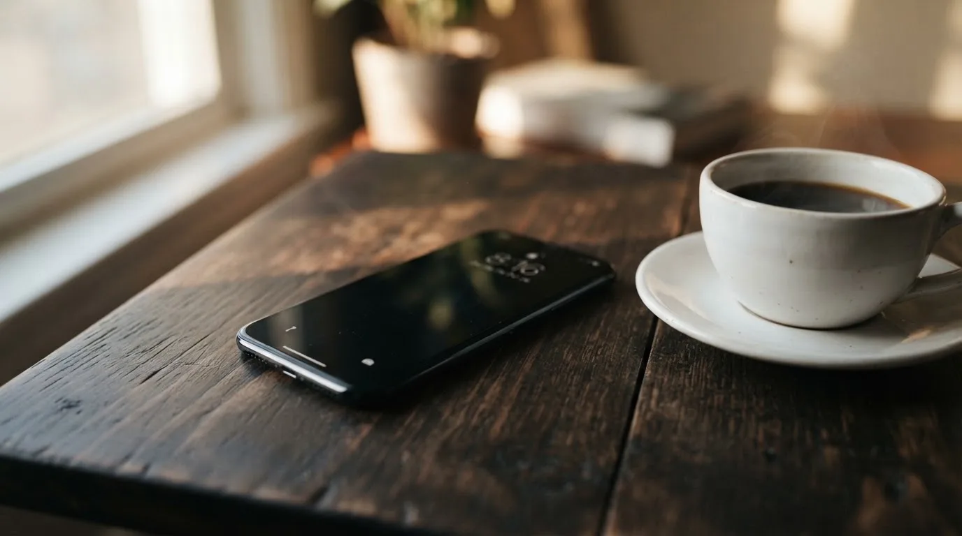 Ein Smartphone mit dunklem Display liegt neben einer Kaffeetasse auf einem Holztisch im Licht eines Fensters.