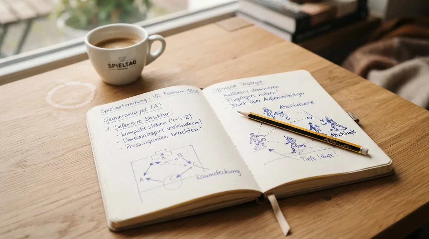 Ein aufgeschlagenes Notizbuch mit handgeschriebenen Stichpunkten und ein Bleistift liegen neben einer Kaffeetasse auf einem hellen Holztisch.