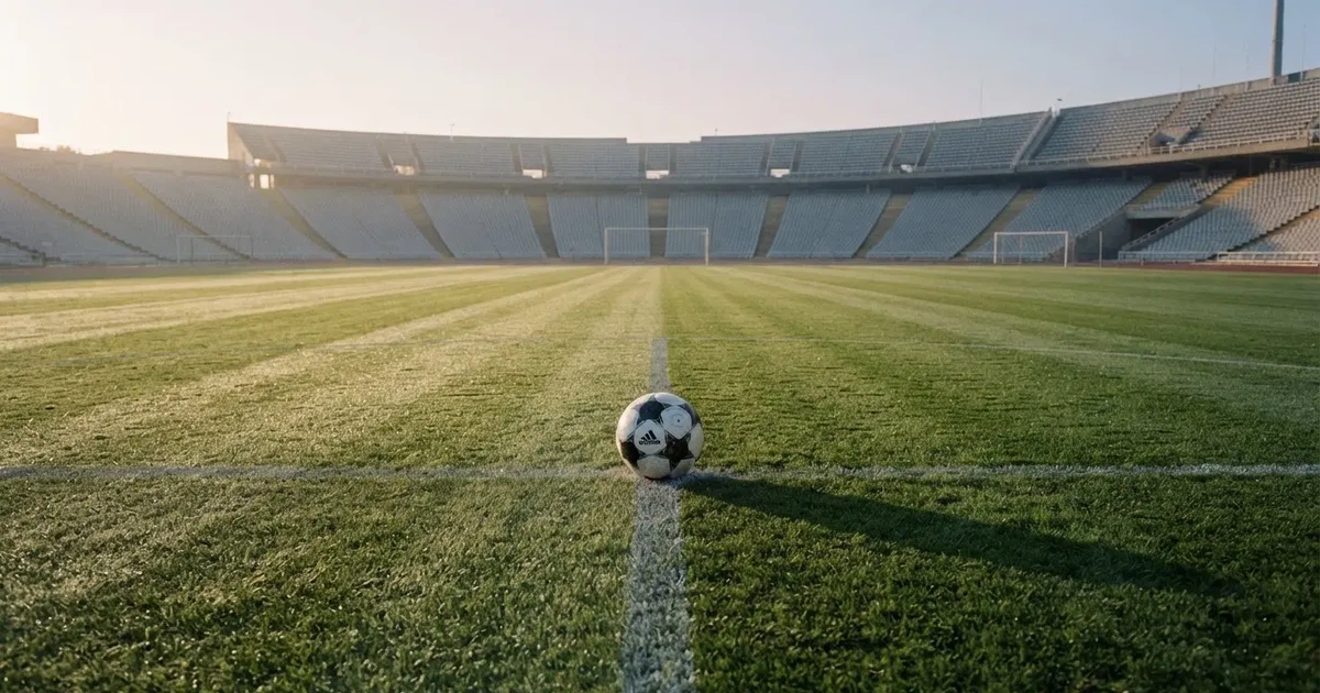 Ein Fußball liegt auf dem Mittelkreis eines Stadionrasens am frühen Morgen, im Hintergrund leere Ränge ohne erkennbare Beschriftung.