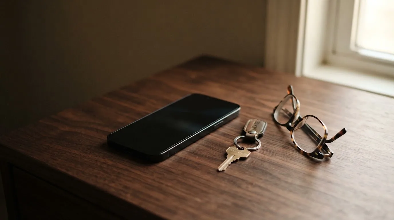 Ein Smartphone liegt mit dunklem Display auf einem Holztisch neben einem Schlüsselbund und einer Brille im Licht eines Fensters.