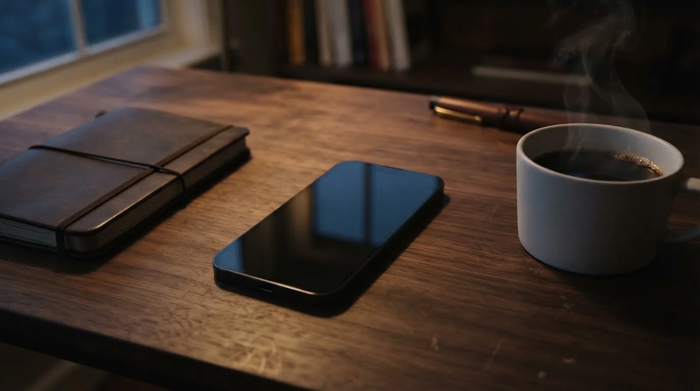 Ein Smartphone liegt mit dunklem Display auf einem Schreibtisch neben einem Notizbuch und einer Kaffeetasse.